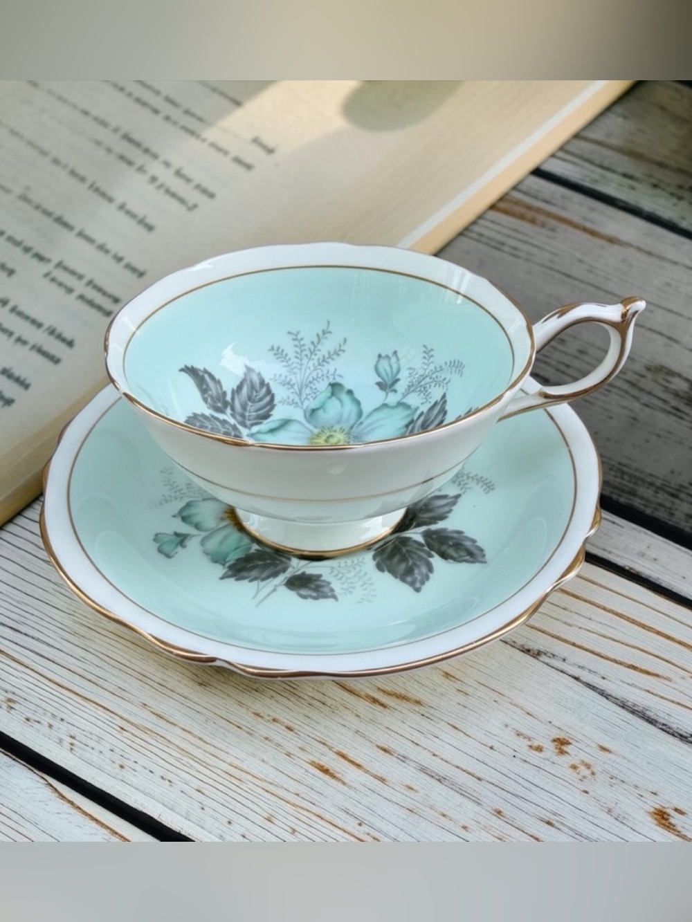 Vintage Paragon Floating Dogwood Rose Teacup Tea Cup and Saucer Set Mint Green
